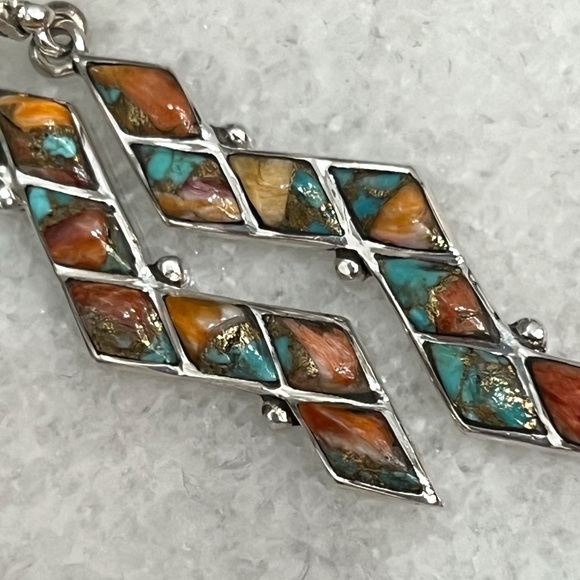 Santa Fe Style Spiny Turquoise Zigzag Sterling Silver BOHO Dangle Post Earrings - Picture 5 of 10